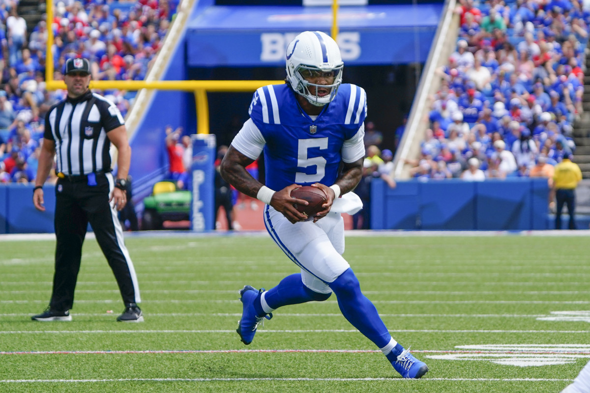 Aug 12, 2023; Orchard Park, New York, USA; Indianapolis Colts quarterback Anthony Richardson (5) runs with the ball against the Buffalo Bills during the first half at Highmark Stadium.